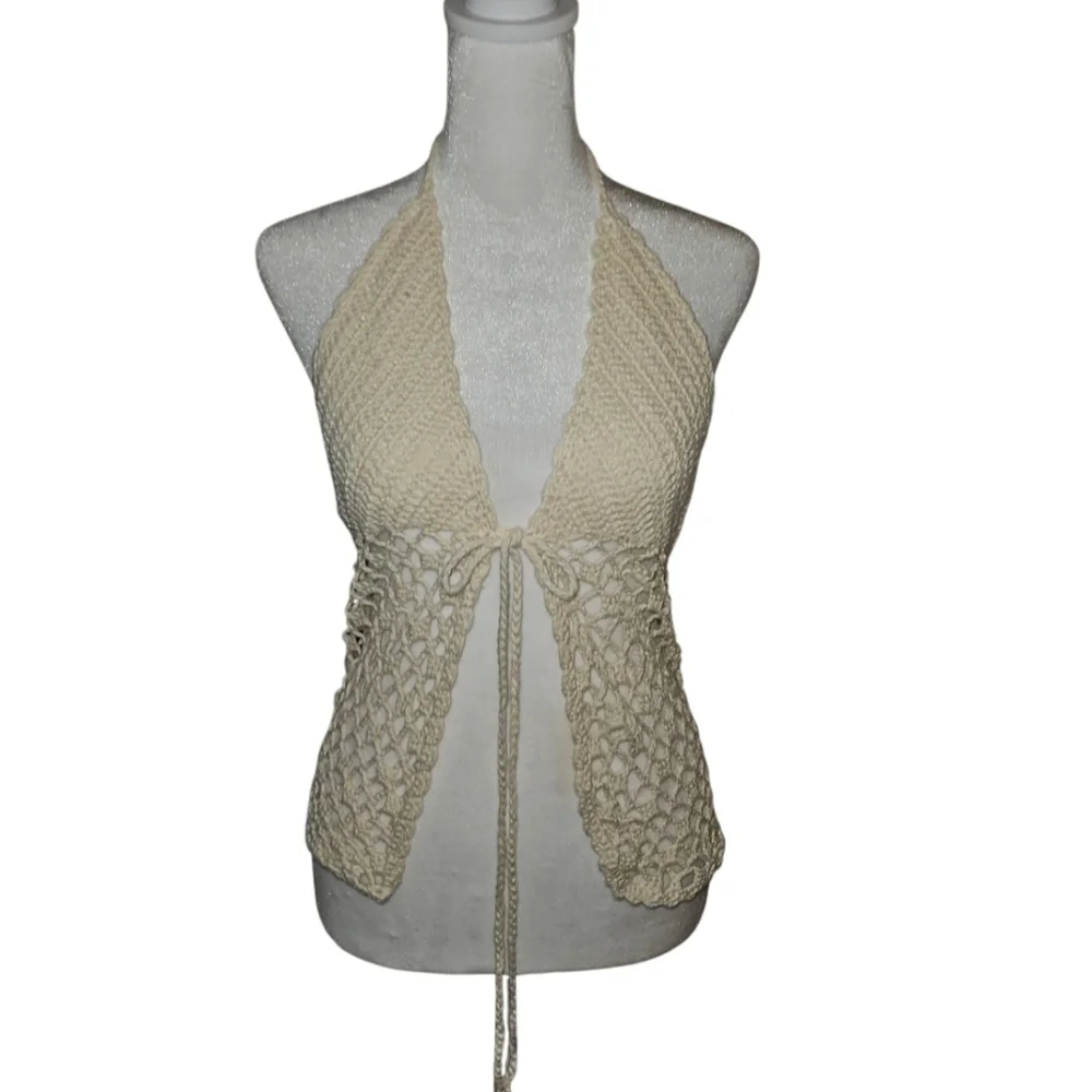 Hand Crafted Crochet Crop-Top Handmade Fishnet Swim Design Cream Summer Layer OS - Picture 6 of 17